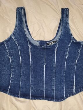 Thrill Dark Blue Distressed Denim-Look Tank